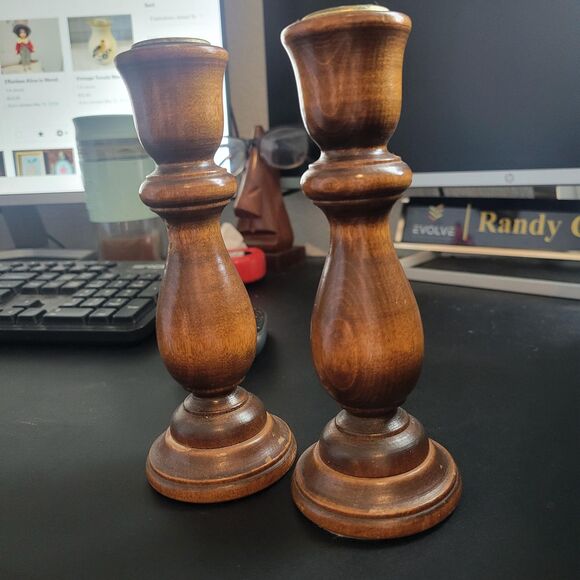 Vtg pair of hand turned candlestick holders 7" tall - Picture 8 of 10